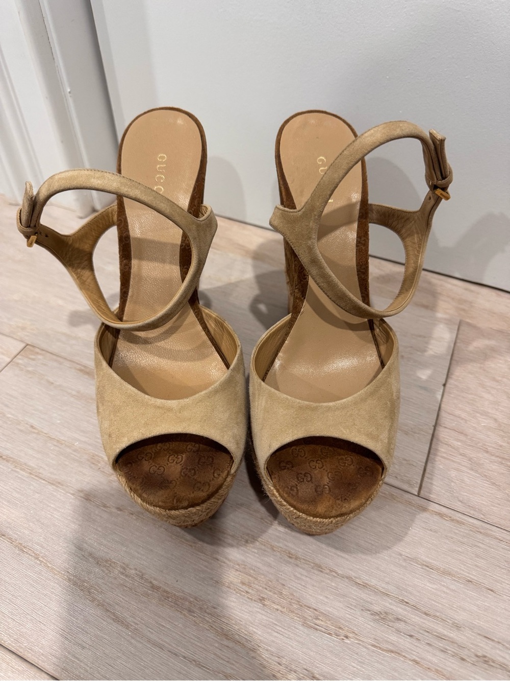 Gucci Tan Suede Wedge Sandals with Ankle Strap